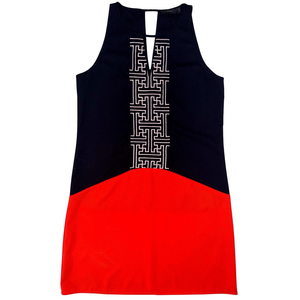 THML Mod Geometric Shift Dress Small Navy Red Colorblock Embroidered Greek Key